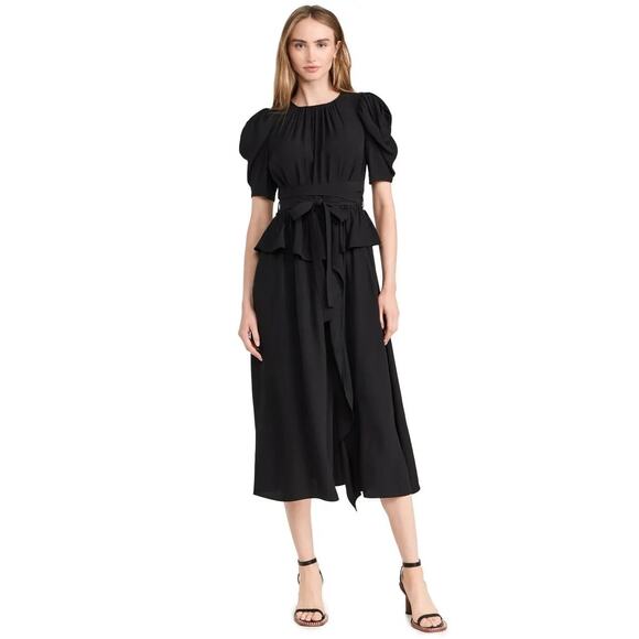 Ulla Johnson Marion Puff-Sleeve Belted Peplum Midi Dress Noir US6 - Picture 3 of 10